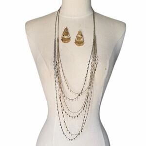 Rachel Signed Multi Strand 2 Necklaces & Earrings Mixed Metal Gold Silver Set